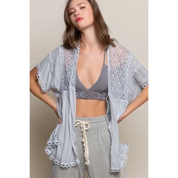 POL Light Grey Tassel Tie Rayon Gauze + Lace Kimono Cardigan - Picture 2 of 6